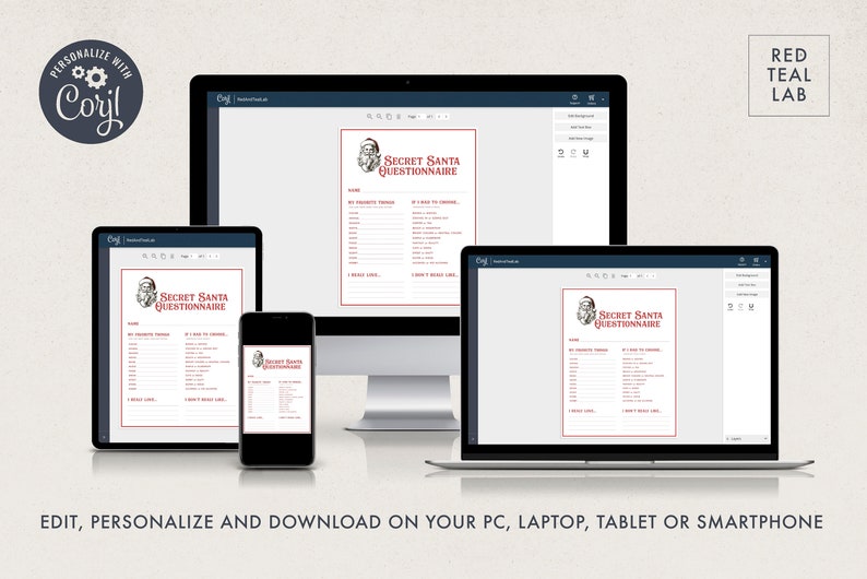 May include: A digital mockup of a Secret Santa Questionnaire template on a computer, tablet, and smartphone. The template features a vintage illustration of Santa Claus and the text "Secret Santa Questionnaire".