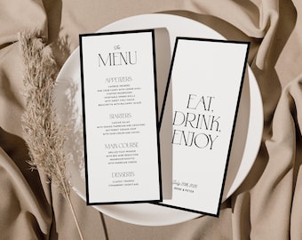Szablon menu weselnego w stylu retro, odważne menu weselne, czarno-białe menu w stylu retro, wystrój weselny, nowoczesny, elegancki, inspirowany stylem vintage, natychmiastowe pobranie W07