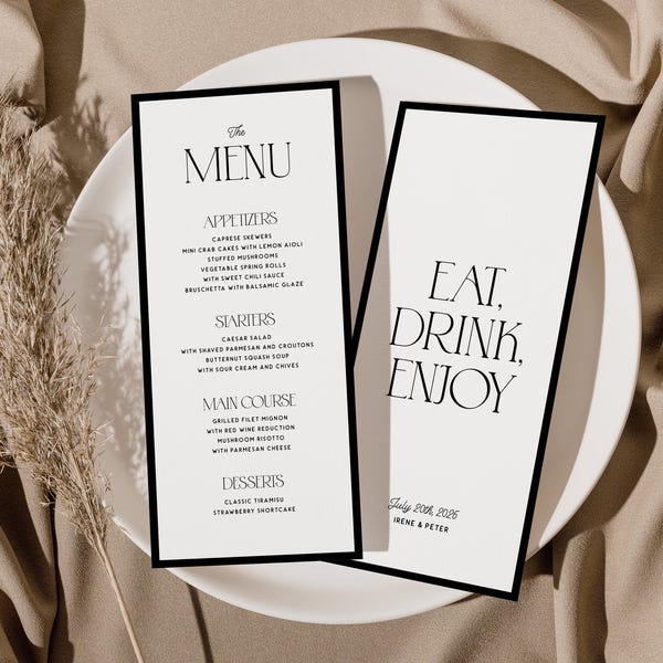 Modello di menu per matrimonio retrò, menu per matrimonio audace, menu in bianco e nero, decorazioni per matrimonio retrò, moderno, elegante, ispirato al vintage, download immediato W07
