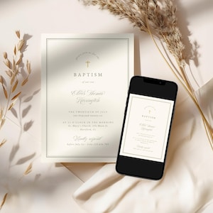May include: A baptism invitation with a minimalist design, featuring a gold cross and elegant typography. A smartphone displays a digital version of the invitation. Dried floral accents add a touch of natural elegance to the scene.