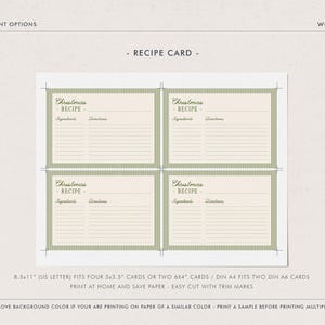May include: Four recipe cards with a light green border and the word "Christmas" at the top. Each card has space for ingredients and directions. The text "Recipe" is also visible. The cards are on a beige background.