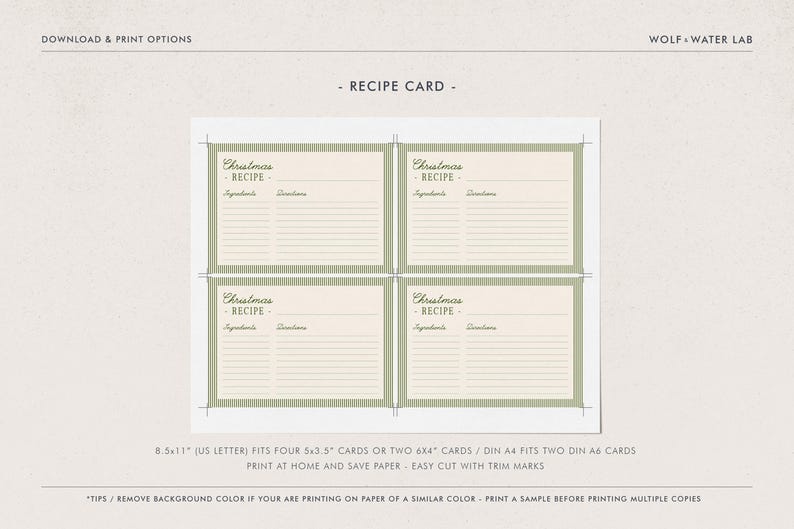 May include: Four recipe cards with a light green border and the word "Christmas" at the top. Each card has space for ingredients and directions. The text "Recipe" is also visible. The cards are on a beige background.