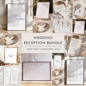 May include: A wedding reception bundle featuring over 15 templates. The templates include a welcome sign, seating chart, table numbers, cards and gifts sign, thank you cards, and menu cards. The templates are in a minimalist style with a light pink background and blue text.