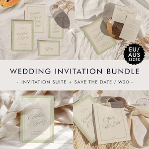 Puede incluir: Un conjunto de invitaciones de boda con tarjetas que muestran una escritura elegante y un borde a rayas verdes. El texto incluye "Caroline & Henry", "Save The Date" y otros detalles. El diseño es clásico y elegante, para papelería de boda.
