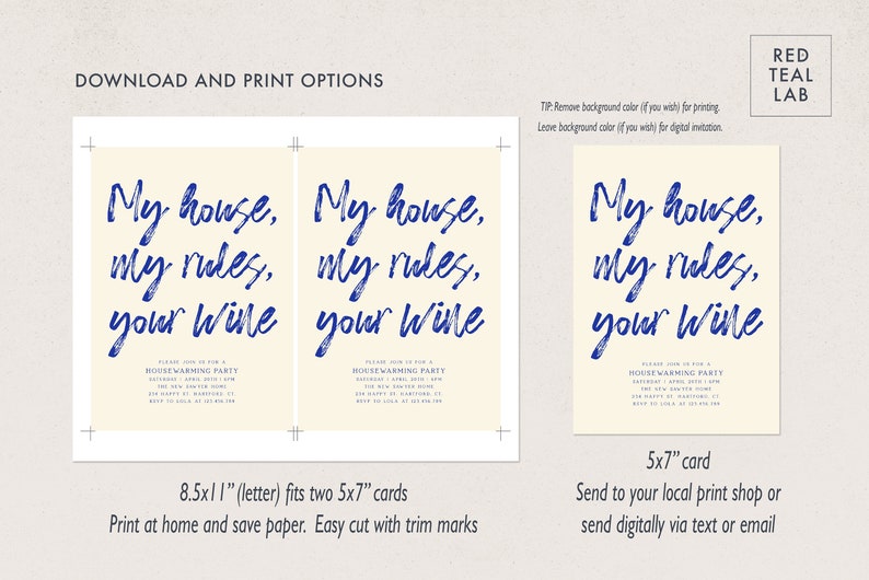Puede incluir: Invitaci&oacute;n a una fiesta de inauguraci&oacute;n con el texto "My house, my rules, your wine" en azul sobre fondo crema. Incluye opciones de impresi&oacute;n y digitales, y una tarjeta de 12,7 x 17,8 cm.