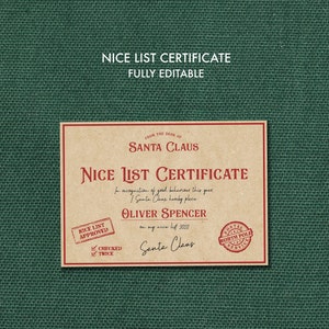 May include: A printable certificate that says "Nice List Certificate" from the desk of Santa Claus. It is a certificate for Oliver Spencer for being on the nice list in 2023. The certificate has a red stamp that says "Nice List Approved" and a red stamp that says "Postal North Pole Service".