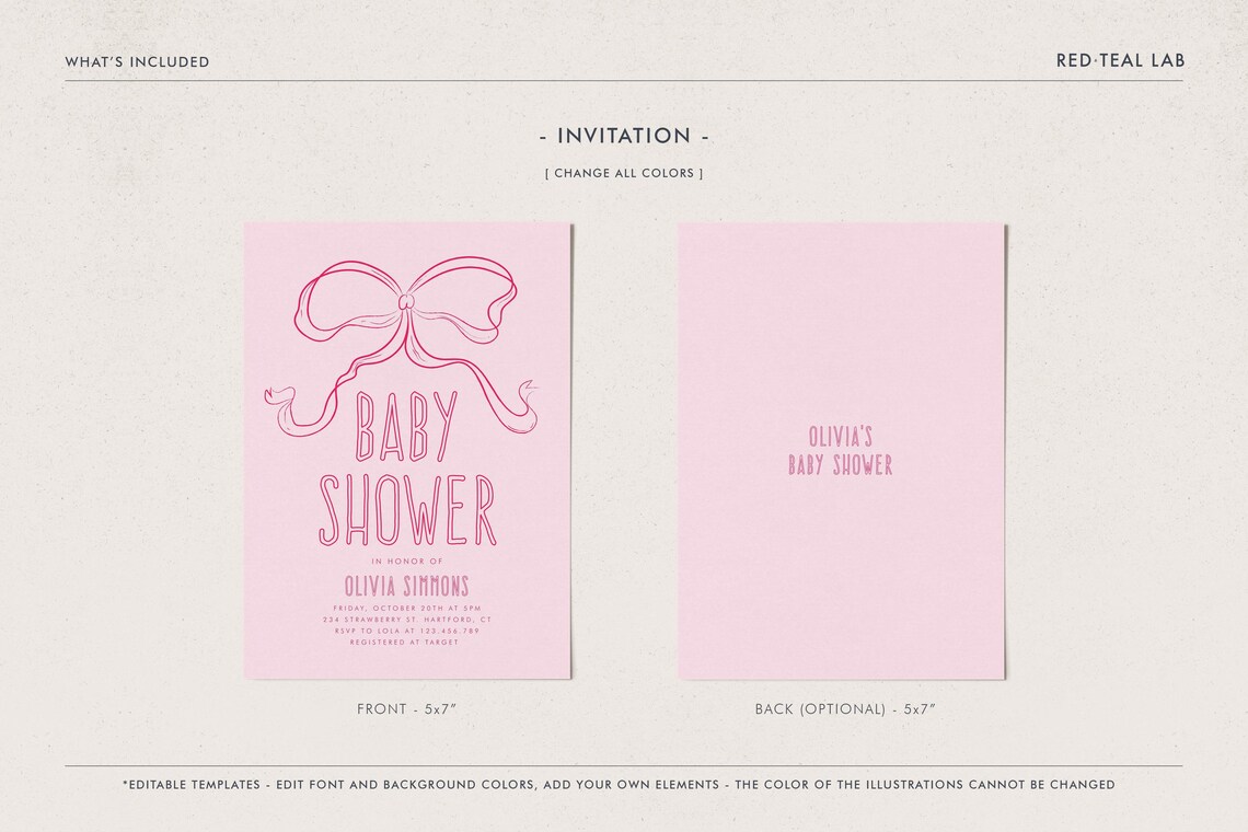 Pink Bow Baby Shower Invitation Set, Hand Drawn Pink Bow Invitation ...
