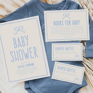 Blaue Bogen-Babyparty-Einladungsschablone, Hand gezeichnete blaue Bogen-Einladung, Bücher für Babykarte, Windel-Verlosungskarte, Babyparty-Bundle, BB09