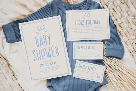 Blue Bow Baby Shower Invitation Template, Hand Drawn Blue Bow Invitation, Books For Baby Card, Diaper Raffle Card, Baby Shower Bundle, BB09