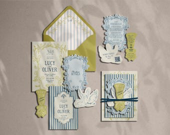 Romantic Vintage Wedding Invitation Bundle, Whimsical Die Cut Wedding Suite, Hand Drawn, Rsvp Card, Welcome Drinks, Editable Printable, W29