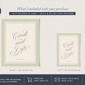 May include: Two rectangular signs with green striped borders and cream centers, featuring the text Cards and Gifts in elegant script. The signs are labeled with sizes 8x10 inches, A4 21x29.7cm, 5x7 inches, and A5 14.85x21cm. Includes text about Corjl.