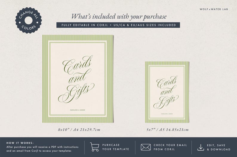 May include: Two rectangular signs with green striped borders and cream centers, featuring the text Cards and Gifts in elegant script. The signs are labeled with sizes 8x10 inches, A4 21x29.7cm, 5x7 inches, and A5 14.85x21cm. Includes text about Corjl.