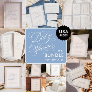 Puede incluir: Un conjunto de plantillas de papelería para baby shower en una combinación de colores azul claro y blanco. El paquete incluye invitaciones, letreros y varias tarjetas con una elegante escritura. El texto incluye "Baby Shower", "Diaper Raffle" y "Custom Signage".