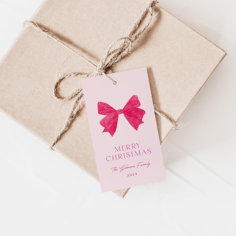 Coquette Pink Christmas Tag Template, Pink Christmas Gift Tag, Printable Christmas Tag, Editable Holiday Tag, Pink Bow, Instant DownloadCH01 image 1