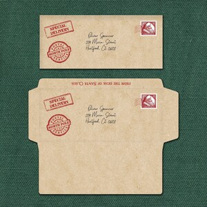 May include: A brown envelope with a red "Special Delivery" stamp and a red "Postal North Pole Service" stamp. The envelope is addressed to Oliver Spencer, 234 Main Street, Hartford, CT 06103. The envelope has the text "From the Desk of Santa Claus" written on it.