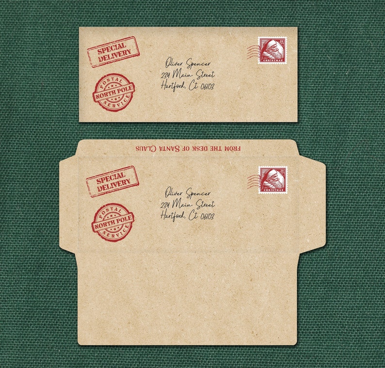 May include: A brown envelope with a red "Special Delivery" stamp and a red "Postal North Pole Service" stamp. The envelope is addressed to Oliver Spencer, 234 Main Street, Hartford, CT 06103. The envelope has the text "From the Desk of Santa Claus" written on it.