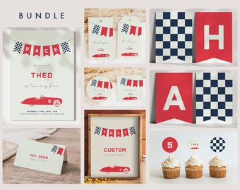 May include: A red and blue race car themed party printable bundle with a variety of items including an invitation, thank you tags, cupcake toppers, and a banner. The text on the invitation reads "Race to the party Theo is turning five".