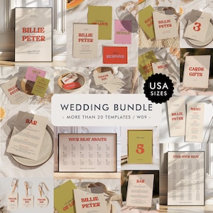 Modern Wedding Invitation Bundle Template, Retro Wedding Bundle, Wedding Signage Bundle, Wedding Stationery Bundle, Unique, Whimsical, W09