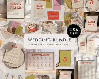 Modern Wedding Invitation Bundle Template, Retro Wedding Bundle, Wedding Signage Bundle, Wedding Stationery Bundle, Unique, Whimsical, W09