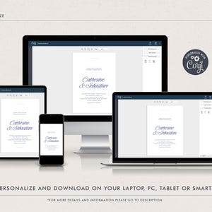 May include: A mockup showing how to edit and personalize a wedding invitation template on a computer, tablet, and smartphone. The invitation features a simple design with the text "Catherine & Sebastian" in a blue script font.