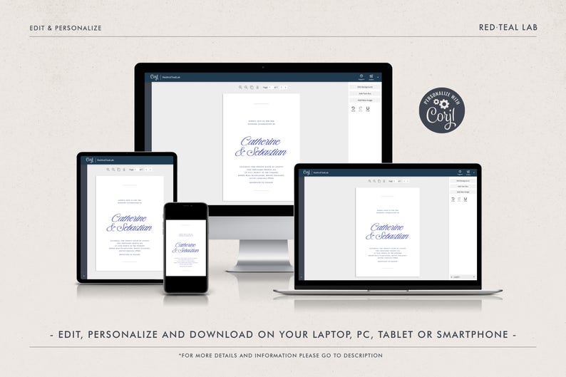 May include: A mockup showing how to edit and personalize a wedding invitation template on a computer, tablet, and smartphone. The invitation features a simple design with the text "Catherine & Sebastian" in a blue script font.