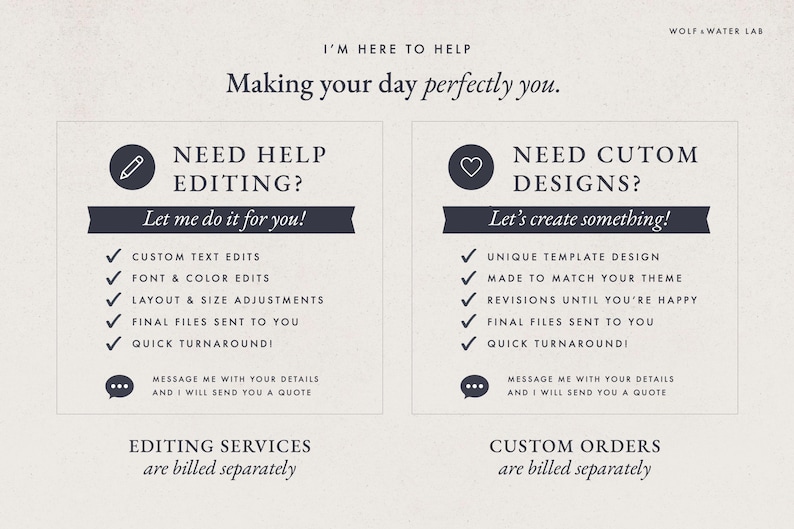May include: A graphic information card with a light background and dark text. The top reads I'M HERE TO HELP Making your day perfectly you. Two boxes detail services: NEED HELP EDITING? and NEED CUTOM DESIGNS? with lists of features and contact info.