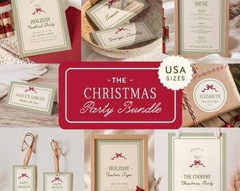 Könnte beinhalten: Ein Weihnachtsparty-Papeterie-Set aus cremefarbenem Papier mit grün gestreiften Rändern und roten Schleifenillustrationen. Enthält Einladungen, Platzkarten, Menüs, Geschenkanhänger und Schilder mit Texten wie Holiday Cocktail Party.