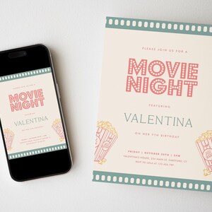 Peut inclure: Une invitation &agrave; une soir&eacute;e cin&eacute;ma avec un design r&eacute;tro mettant en sc&egrave;ne un seau de pop-corn et le texte "Movie Night" en rouge et blanc. L'invitation est pour le 9&egrave;me anniversaire de Valentina. Le texte comprend la date, l'heure, le lieu et les informations de RSVP.