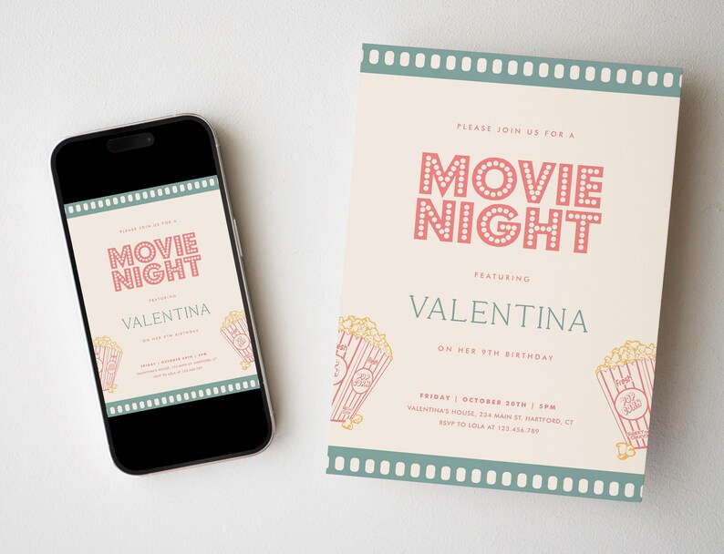 Peut inclure: Une invitation &agrave; une soir&eacute;e cin&eacute;ma avec un design r&eacute;tro mettant en sc&egrave;ne un seau de pop-corn et le texte "Movie Night" en rouge et blanc. L'invitation est pour le 9&egrave;me anniversaire de Valentina. Le texte comprend la date, l'heure, le lieu et les informations de RSVP.
