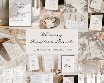 May include: A wedding reception bundle with over 15 templates. The templates include a welcome sign, bar menu, table numbers, cards and gifts sign, and a custom sign. The templates are in a minimalist style with a white background and black text.