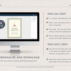 May include: A computer monitor displays a customizable holiday party invitation template. The invitation features a festive design with a bow and the words "Holiday Cocktail Party." The Corjl logo is visible.