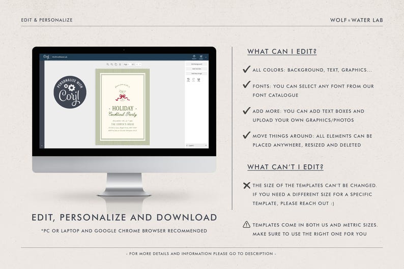 May include: A computer monitor displays a customizable holiday party invitation template. The invitation features a festive design with a bow and the words "Holiday Cocktail Party." The Corjl logo is visible.