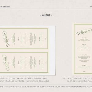 May include: Menu cards with a cream background and a green border. The word "Menu" is written in elegant script. The menu cards are available in two sizes: A4 and 9.9x21cm.