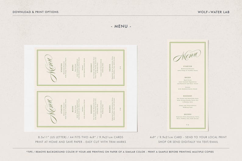 May include: Menu cards with a cream background and a green border. The word "Menu" is written in elegant script. The menu cards are available in two sizes: A4 and 9.9x21cm.