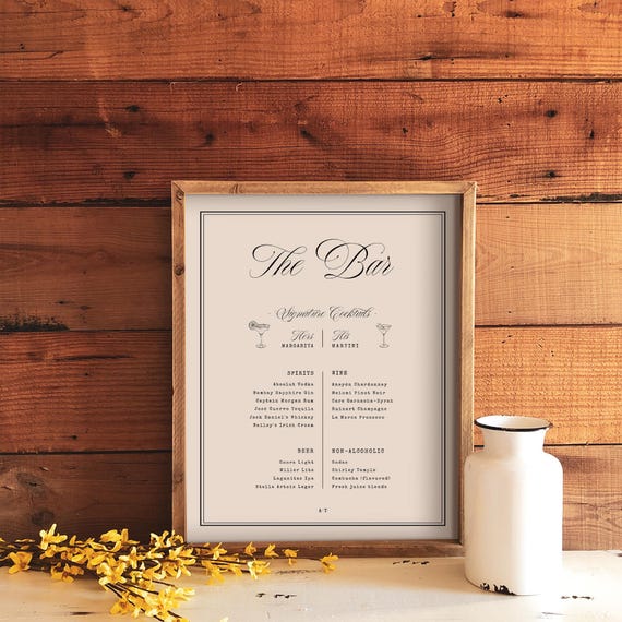 Retro Wedding Bar Menu Template, Modern Vintage Wedding Bar Menu Sign, Signature Cocktails, Chic Drinks Menu, Wedding Reception Signage, W21