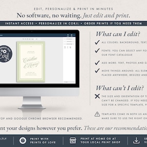 May include: A computer monitor displaying a digital invitation template editing interface. The screen shows a light green and cream wedding invitation design. Text on the screen includes instructions on editing, personalization, and printing options.