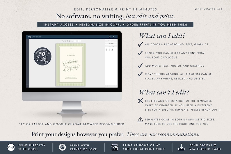 May include: A computer monitor displaying a digital invitation template editing interface. The screen shows a light green and cream wedding invitation design. Text on the screen includes instructions on editing, personalization, and printing options.
