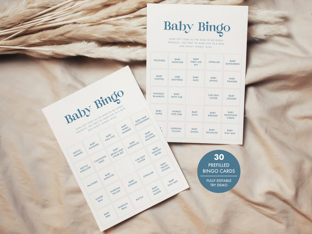 Babyshower Bingo Cards Blue, 30 Editable Baby Shower Bingo Cards, Baby