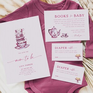 Plantilla de invitación para baby shower con té, paquete para baby shower, té con la futura mamá, libros para bebé, sorteo de pañales, descarga instantánea BB17