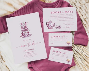 Tea Party Baby Shower Invitation Template, Baby Shower Bundle, Tea With The Mom To Be, Books for Baby, Diaper Raffle, Instant Download BB17