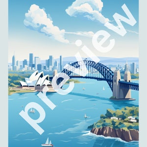 Sydney Australia Vintage Travel Poster - Retro Sydney Opera House and Harbour Bridge Scene - Summer Blue Sky & Water [DIGITAL DOWNLOAD]