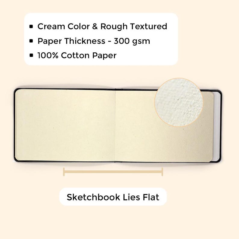 Peut inclure: Un carnet de croquis noir avec du papier de couleur cr&egrave;me, textur&eacute;, 300 g/m&sup2;, 100 % coton. Le carnet de croquis est plat.