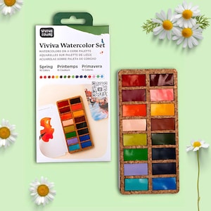 Viviva コルクパン - 春の水彩絵の具 16 色、耐光性、環境に優しい、アート愛好家のための絵の具、持続可能なアートギフト