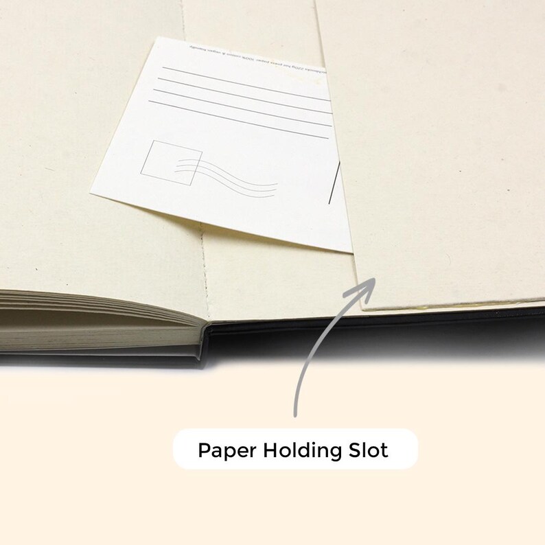 Peut inclure: Un carnet noir avec une fente pour papier sur la reliure. La fente est con&ccedil;ue pour contenir un morceau de papier, comme une carte postale ou une note.