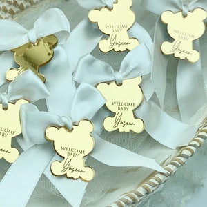 Etichette personalizzate con specchio acrilico per bomboniere a forma di orsetto di peluche, etichette personalizzate per regali di compleanno e baby shower, decorazioni e ricordi unici