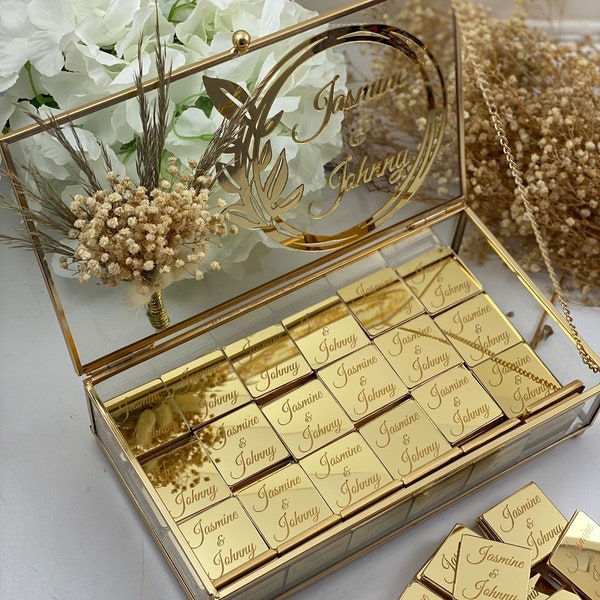Wedding Chocolate Favors, Engagement Chocolate Gift, Glass Box Luxury Chocolate, Wedding Ceremony ,acrylic Mirror Chocolate Tag