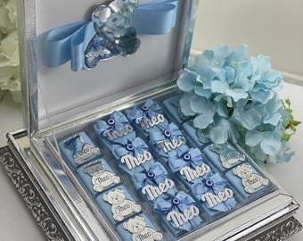 Personalized Teddy Bear Chocolate&Custom Chocolate Boxes:Baby Boy Favors,Shower Favours.Acrylic Name Tag,Baby Shower Ideas.Birthdays,Baptism