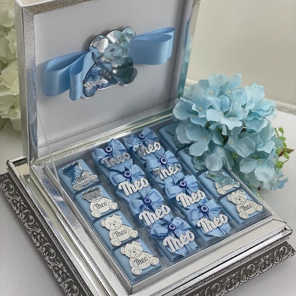 Personalized Teddy Bear Chocolate&Custom Chocolate Boxes:Baby Boy Favors,Shower Favours.Acrylic Name Tag,Baby Shower Ideas.Birthdays,Baptism