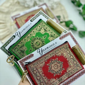 Three favor sets are shown, each with a mini wallet in green, red, or beige, a small tube of henna powder, and a personalized card reading "Yasmina's Henna Night."