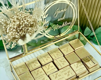 Wedding Chocolate Favors – Luxury Glass Box with Acrylic Mirror Tag, Personalized Gift for Guests